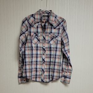 Cruel Plaid Long Sleeve Pearl Snap Shirt, blue green Womens Sz Small.100% Cotton